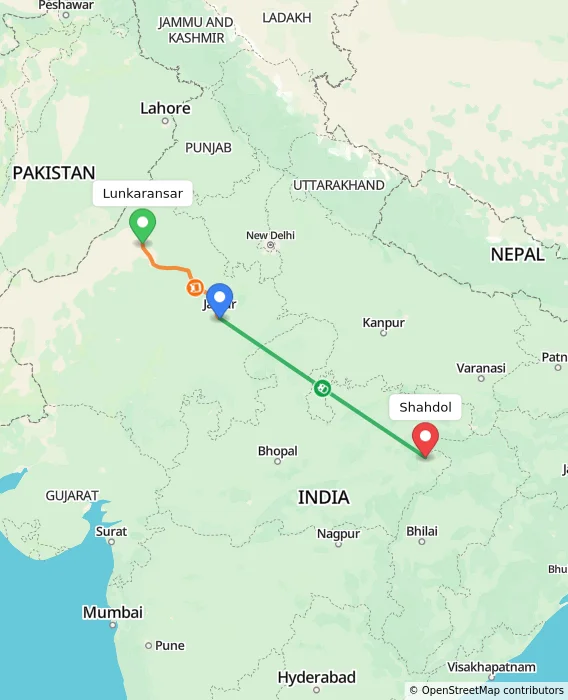 Route map showing distance and travel time from Lunkaransar, India to Shahdol, India