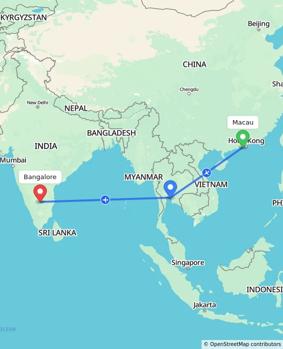 Route map showing distance and travel time from Macau, Macau (Special Administrative Region of China) to Bangalore, India