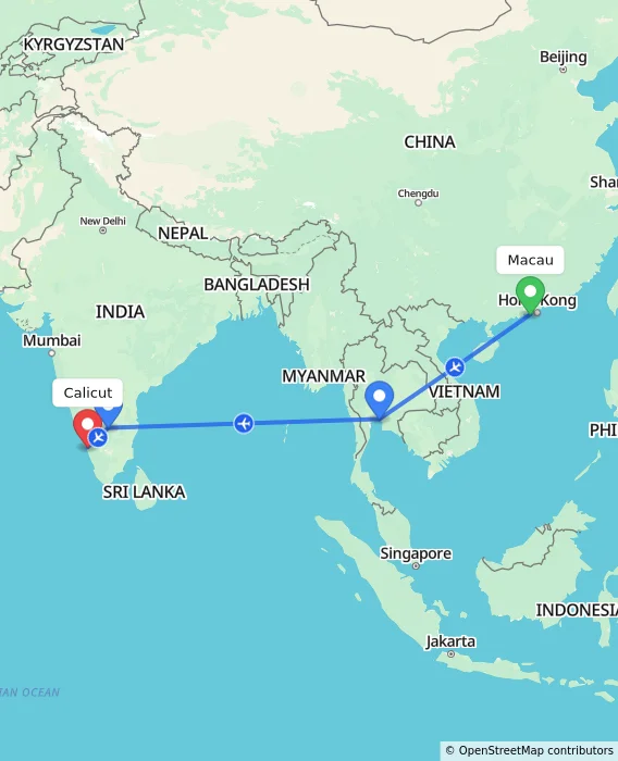 Route map showing distance and travel time from Macau, Macau (Special Administrative Region of China) to Calicut, India