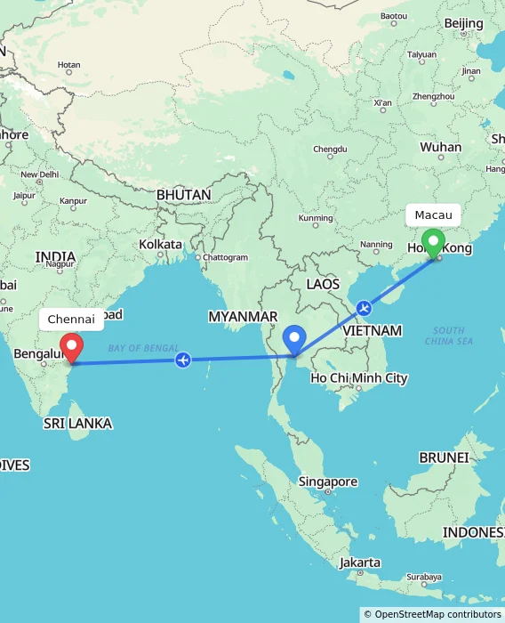 Route map showing distance and travel time from Macau, Macau (Special Administrative Region of China) to Chennai, India