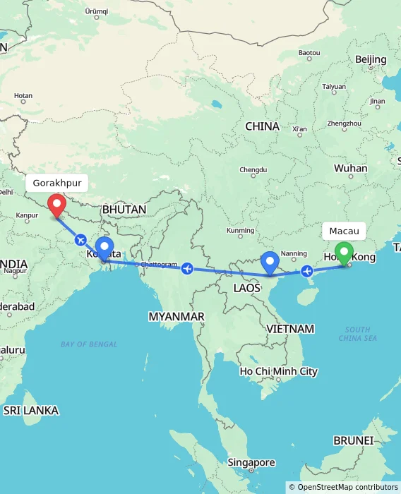 Route map showing distance and travel time from Macau, Macau (Special Administrative Region of China) to Gorakhpur, India