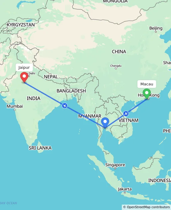 Route map showing distance and travel time from Macau, Macau (Special Administrative Region of China) to Jaipur, India