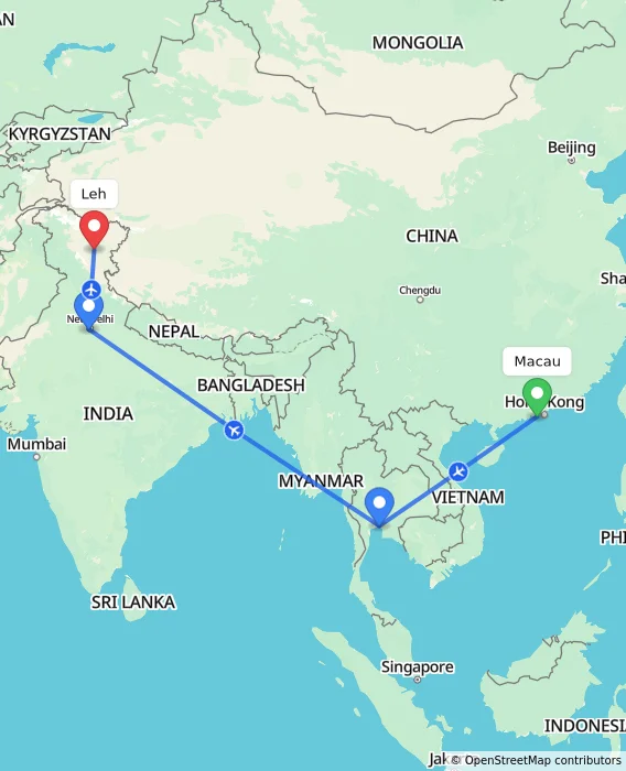 Route map showing distance and travel time from Macau, Macau (Special Administrative Region of China) to Leh, India