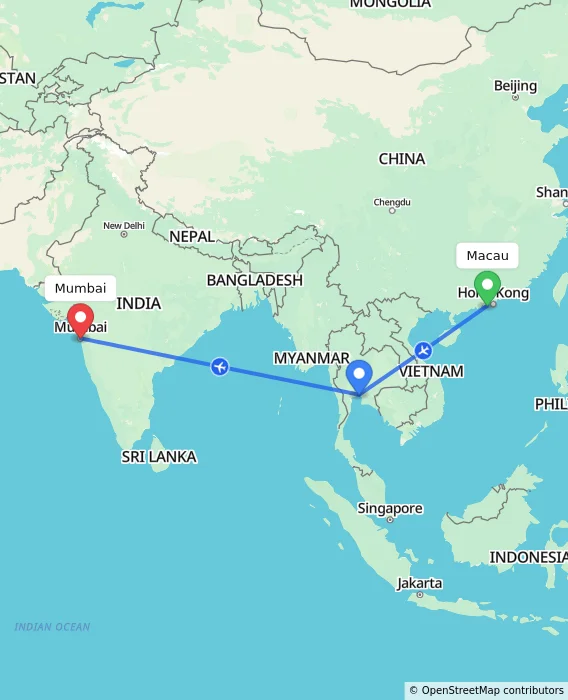 Route map showing distance and travel time from Macau, Macau (Special Administrative Region of China) to Mumbai, India