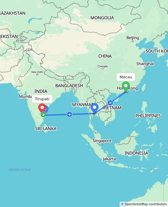 Route map showing distance and travel time from Macau, Macau (Special Administrative Region of China) to Tirupati, India