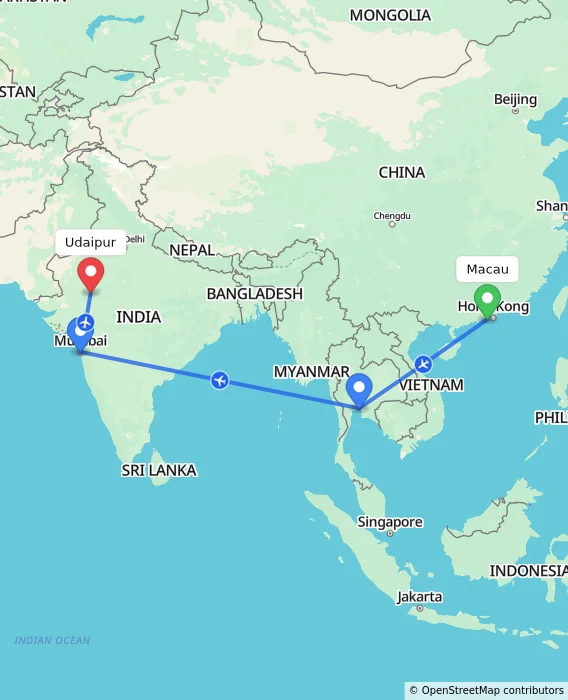 Route map showing distance and travel time from Macau, Macau (Special Administrative Region of China) to Udaipur, India