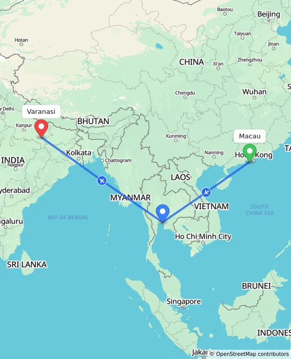Route map showing distance and travel time from Macau, Macau (Special Administrative Region of China) to Varanasi, India