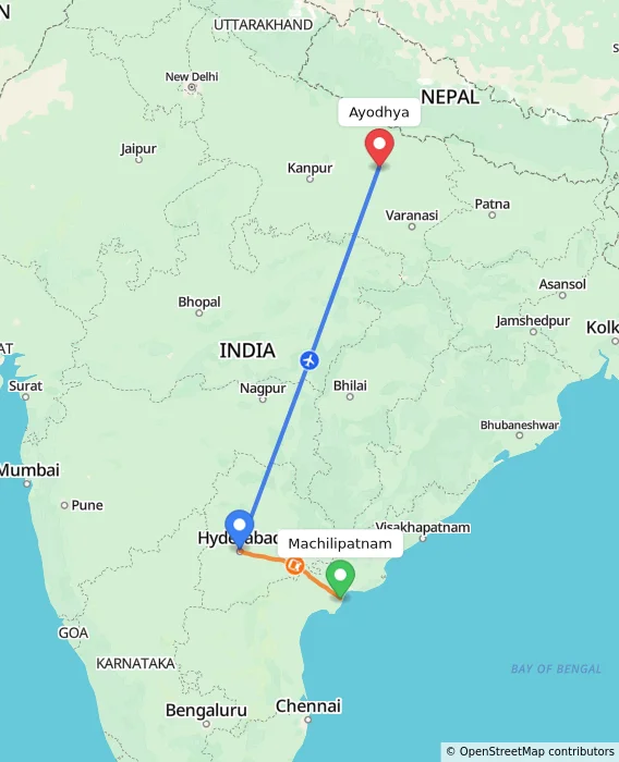 Route map showing distance and travel time from Machilipatnam, India to Ayodhya, India