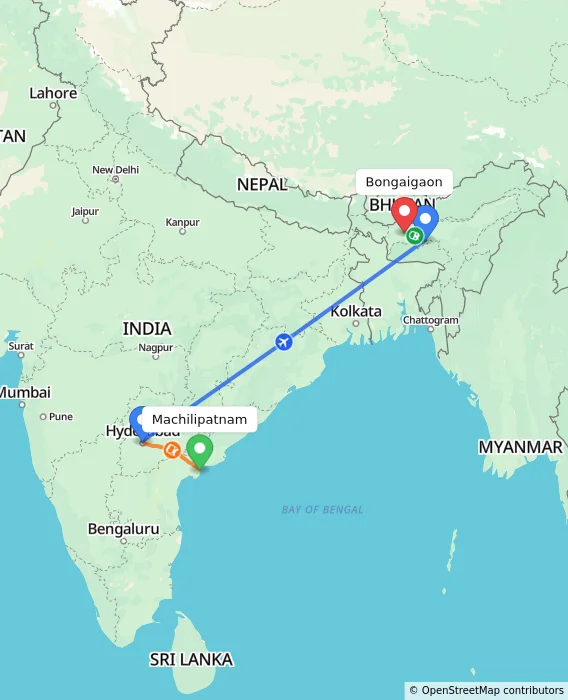 Route map showing distance and travel time from Machilipatnam, India to Bongaigaon, India