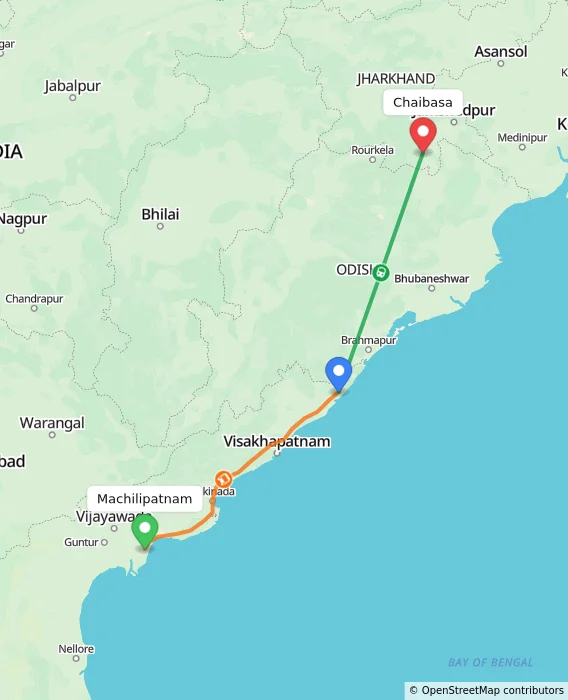 Route map showing distance and travel time from Machilipatnam, India to Chaibasa, India