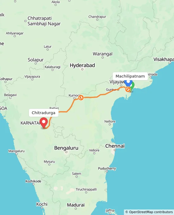 Route map showing distance and travel time from Machilipatnam, India to Chitradurga, India