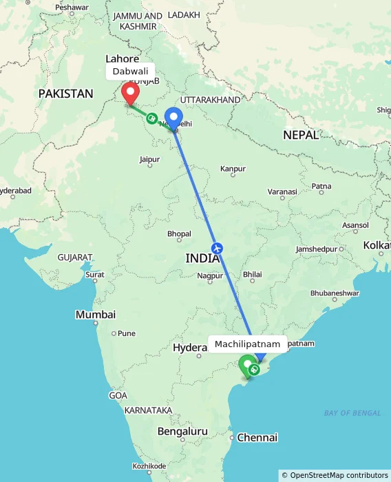 Route map showing distance and travel time from Machilipatnam, India to Dabwali, India