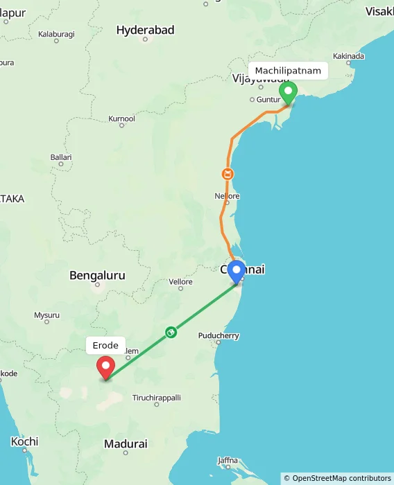 Route map showing distance and travel time from Machilipatnam, India to Erode, India