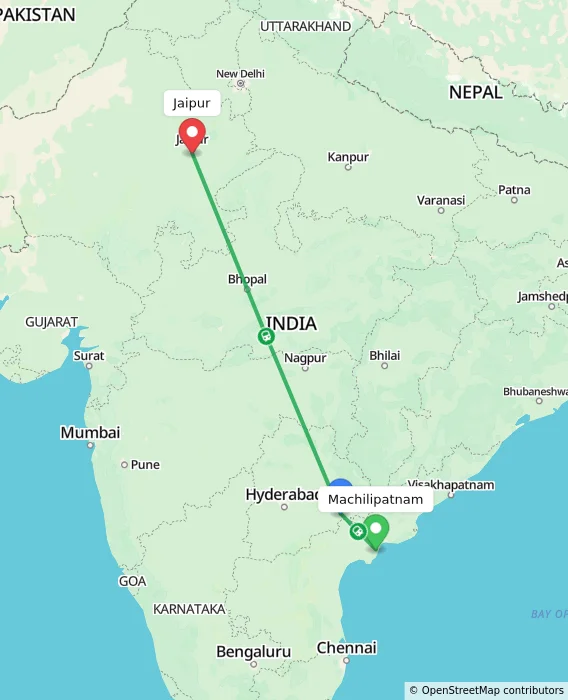 Route map showing distance and travel time from Machilipatnam, India to Jaipur, India