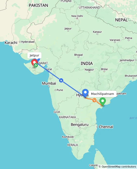 Route map showing distance and travel time from Machilipatnam, India to Jetpur, India