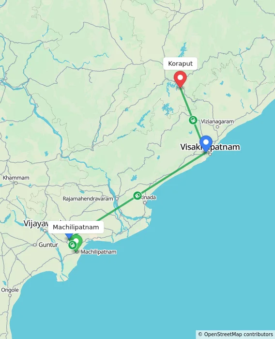 Route map showing distance and travel time from Machilipatnam, India to Koraput, India