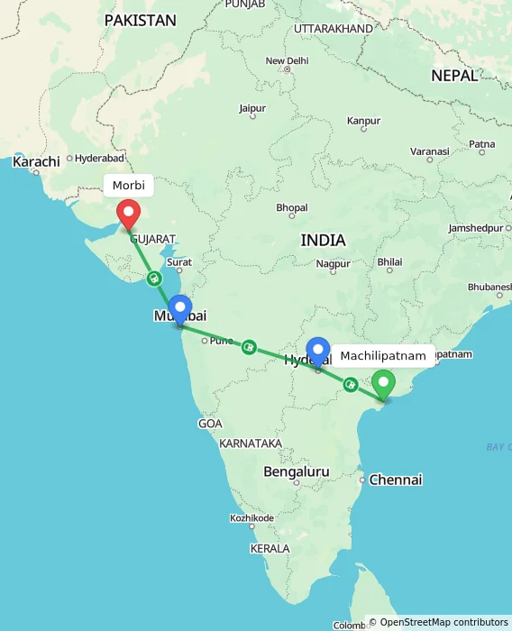 Route map showing distance and travel time from Machilipatnam, India to Morbi, India