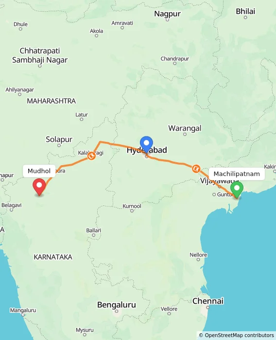 Route map showing distance and travel time from Machilipatnam, India to Mudhol, India