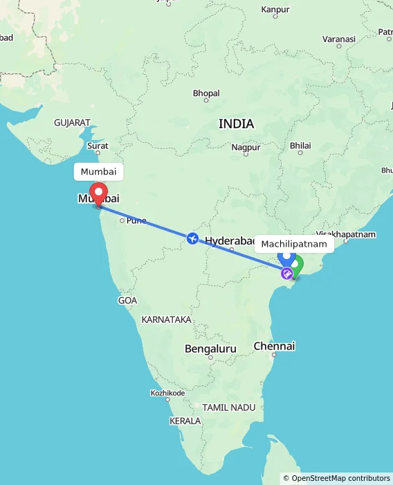 Route map showing distance and travel time from Machilipatnam, India to Mumbai, India