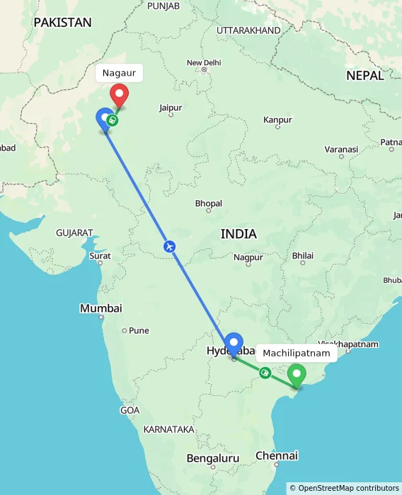 Route map showing distance and travel time from Machilipatnam, India to Nagaur, India