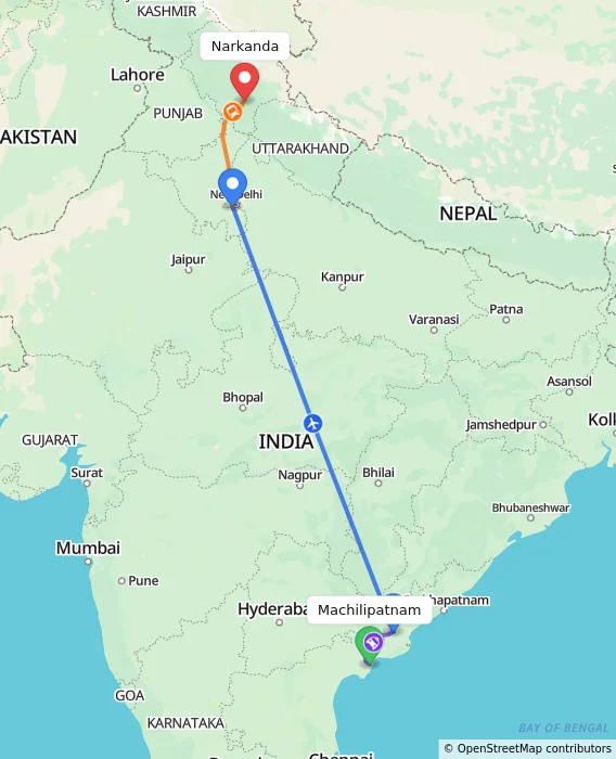 Route map showing distance and travel time from Machilipatnam, India to Narkanda, India
