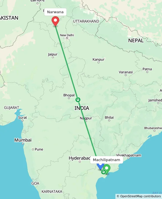 Route map showing distance and travel time from Machilipatnam, India to Narwana, India