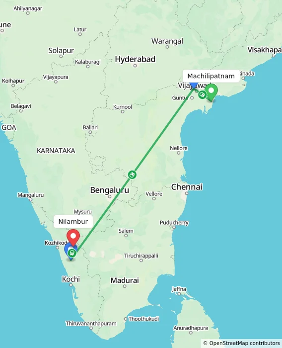 Route map showing distance and travel time from Machilipatnam, India to Nilambur, India