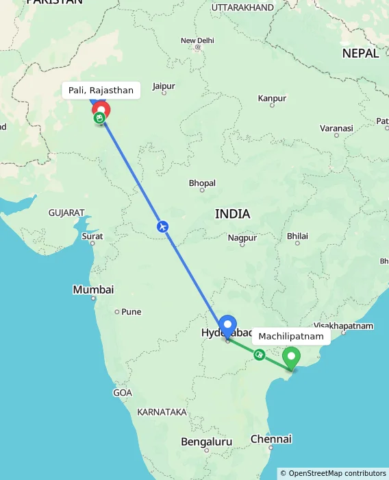 Route map showing distance and travel time from Machilipatnam, India to Pali, Rajasthan, India