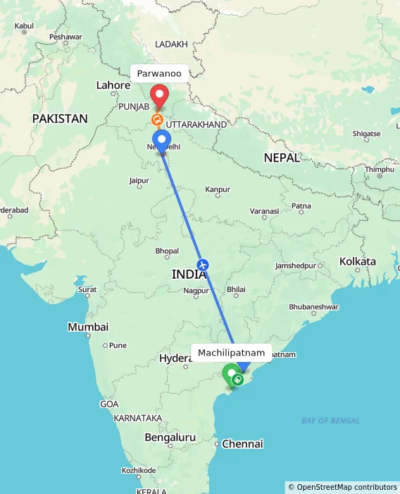 Route map showing distance and travel time from Machilipatnam, India to Parwanoo, India