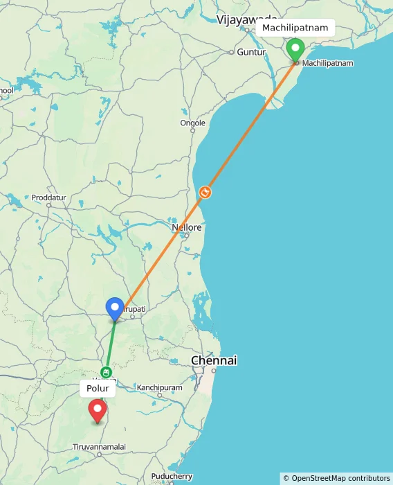 Route map showing distance and travel time from Machilipatnam, India to Polur, India