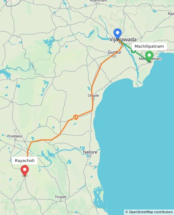 Route map showing distance and travel time from Machilipatnam, India to Rayachoti, India