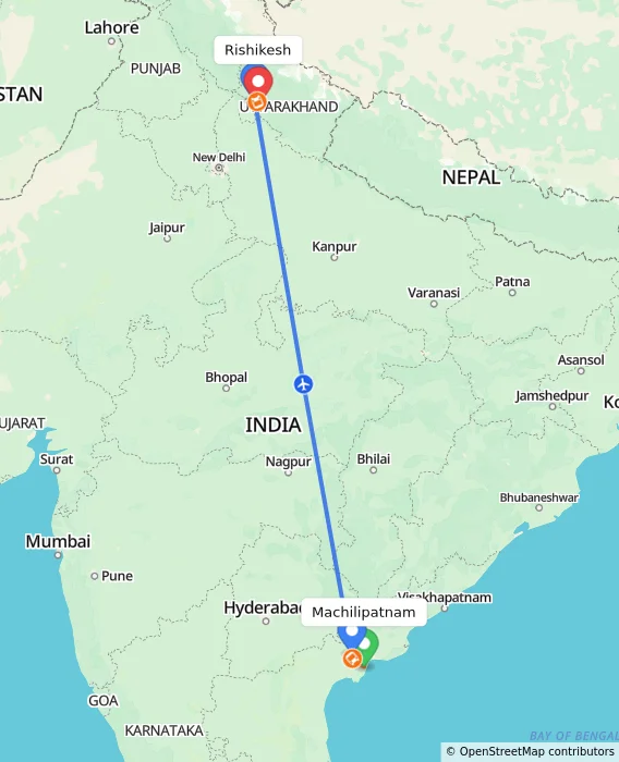 Route map showing distance and travel time from Machilipatnam, India to Rishikesh, India