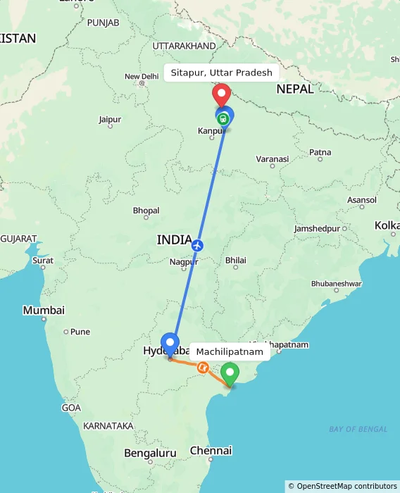 Route map showing distance and travel time from Machilipatnam, India to Sitapur, Uttar Pradesh, India