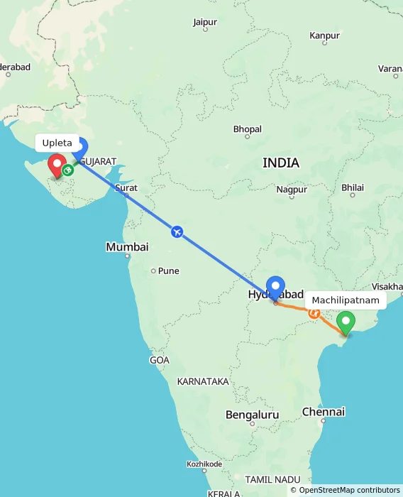 Route map showing distance and travel time from Machilipatnam, India to Upleta, India