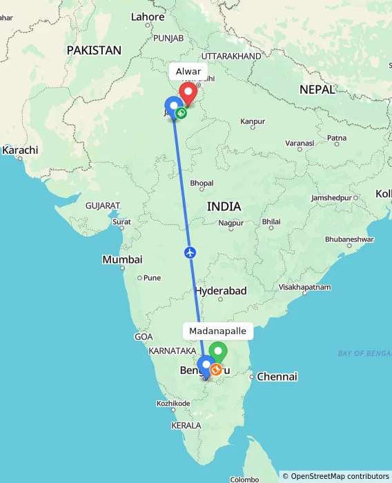 Route map showing distance and travel time from Madanapalle, India to Alwar, India
