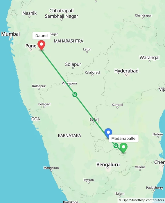 Route map showing distance and travel time from Madanapalle, India to Daund, India