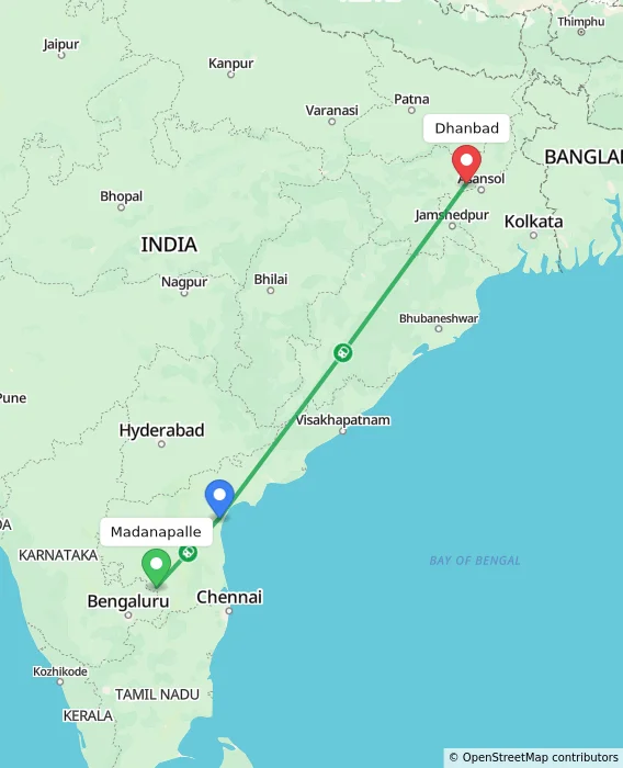 Route map showing distance and travel time from Madanapalle, India to Dhanbad, India