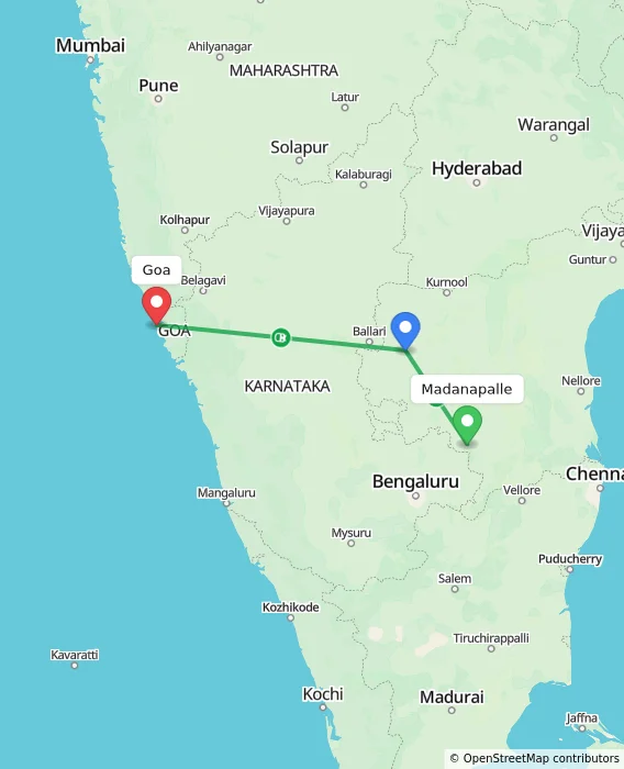 Route map showing distance and travel time from Madanapalle, India to Goa, India