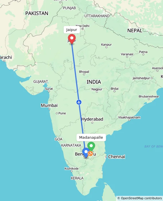 Route map showing distance and travel time from Madanapalle, India to Jaipur, India