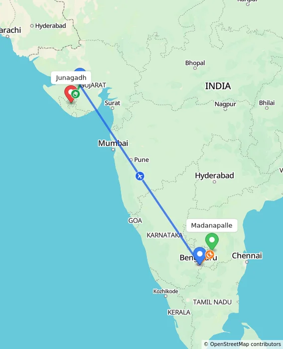 Route map showing distance and travel time from Madanapalle, India to Junagadh, India