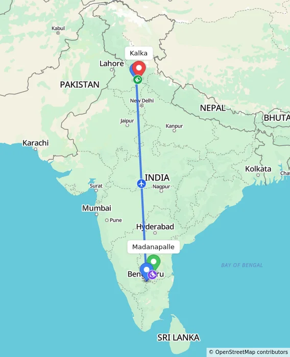 Route map showing distance and travel time from Madanapalle, India to Kalka, India