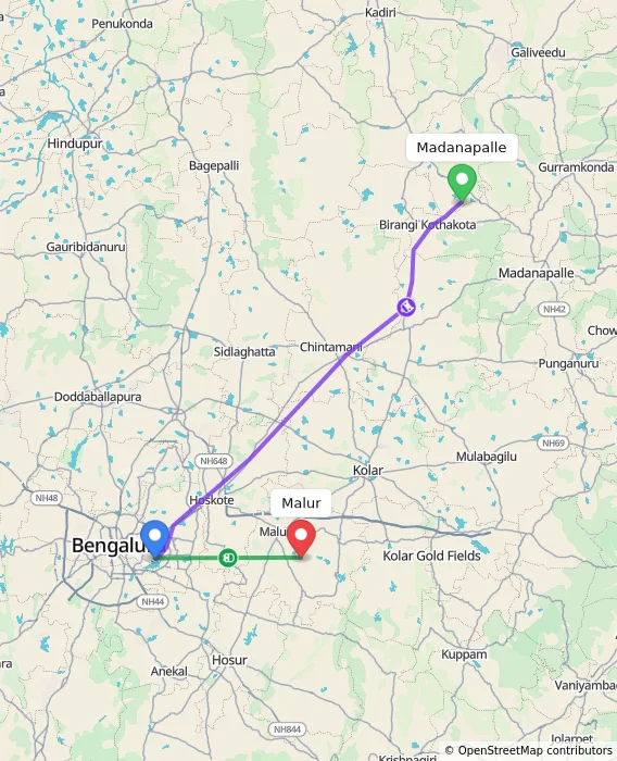 Route map showing distance and travel time from Madanapalle, India to Malur, India
