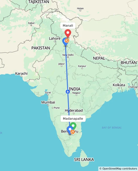 Route map showing distance and travel time from Madanapalle, India to Manali, India