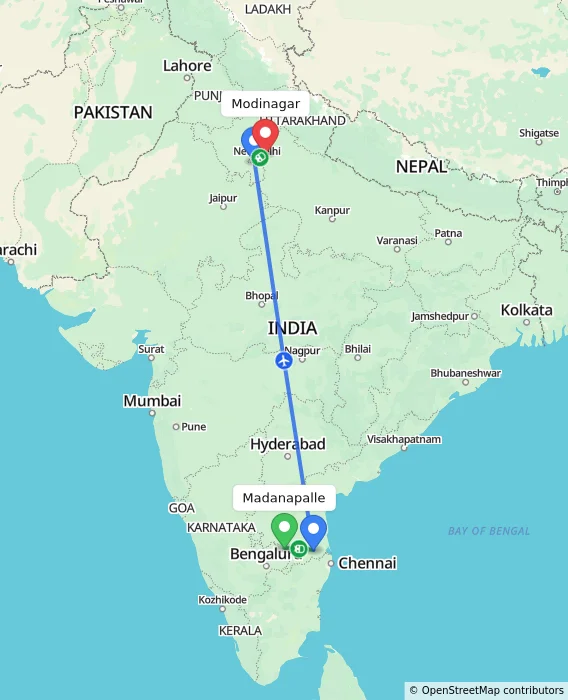 Route map showing distance and travel time from Madanapalle, India to Modinagar, India