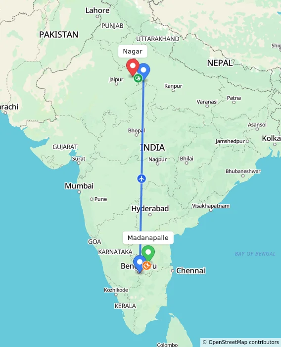 Route map showing distance and travel time from Madanapalle, India to Nagar, India