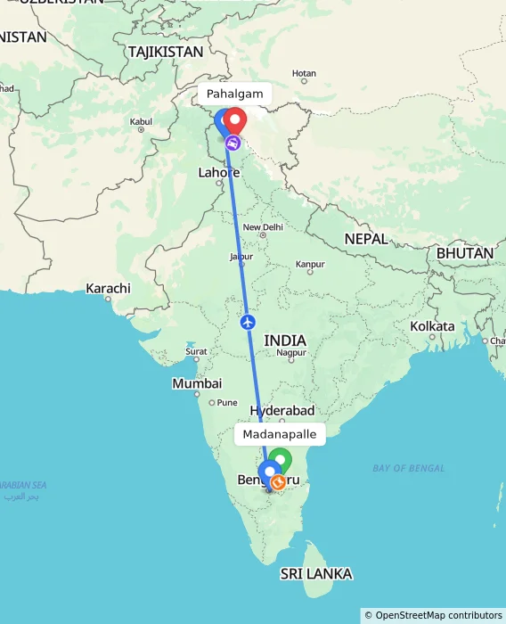 Route map showing distance and travel time from Madanapalle, India to Pahalgam, India