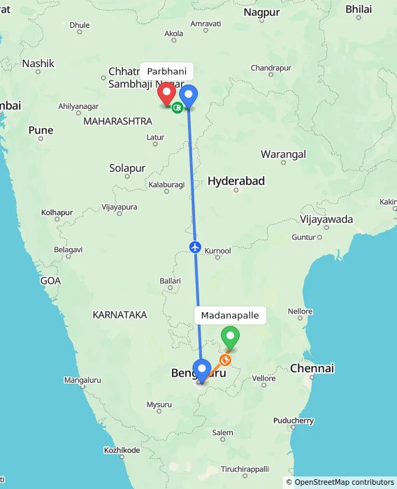 Route map showing distance and travel time from Madanapalle, India to Parbhani, India