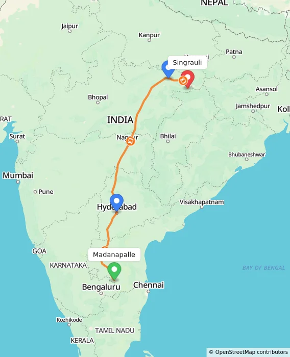Route map showing distance and travel time from Madanapalle, India to Singrauli, India