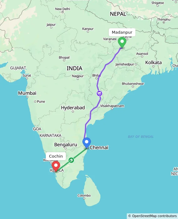 Route map showing distance and travel time from Madanpur, India to Cochin, India