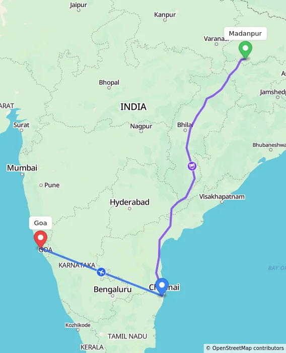 Route map showing distance and travel time from Madanpur, India to Goa, India